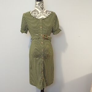 PatPat Olive Green and White Striped Button-Front Midi Dress with Belt